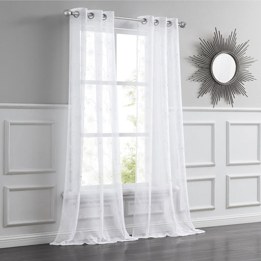 Set of Two 84"  White Beaded Floral Embroidered Window Panels