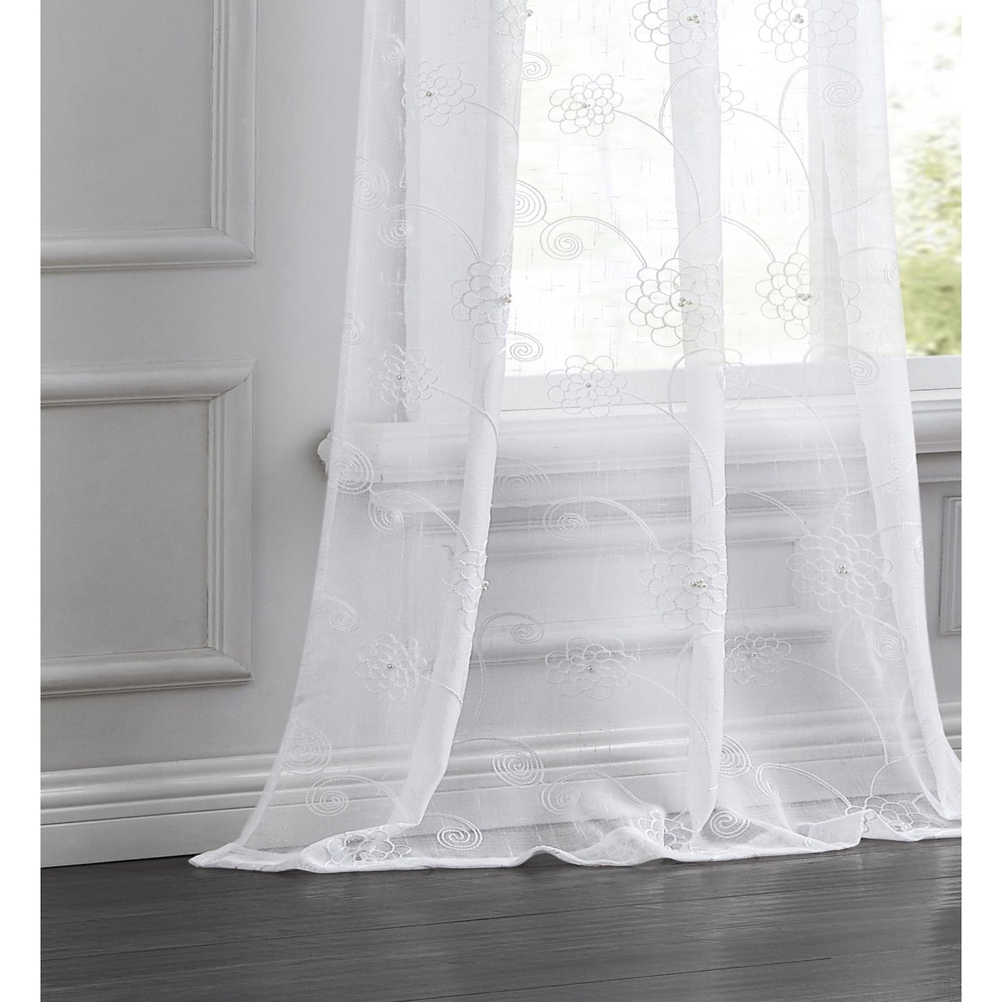 Set of Two 84"  White Beaded Floral Embroidered Window Panels