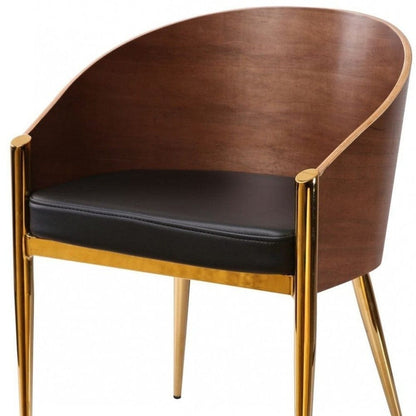 28" Modern Walnut Black and Gold Stylish Faux Leather Accent Chair