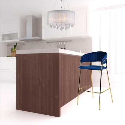 Set Of Two 40" Blue And Golden Steel Low Back Bar Height Bar Chairs With Footrest