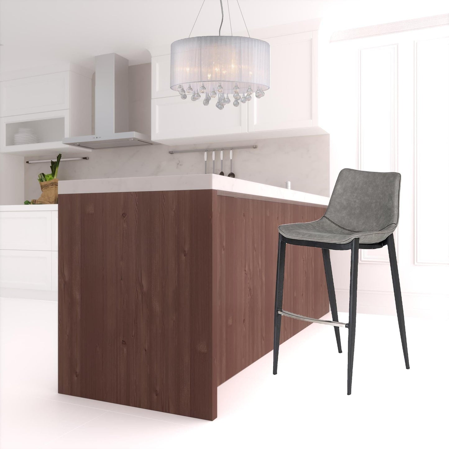 Set Of Two 43" Grey Faux Leather And Black Bar Height Bar Chairs With Footrest