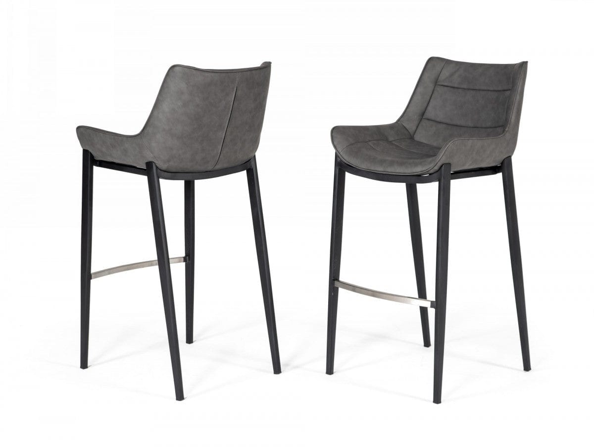 Set Of Two 42" Grey Faux Leather And Steel Bar Height Chairs With Footrest
