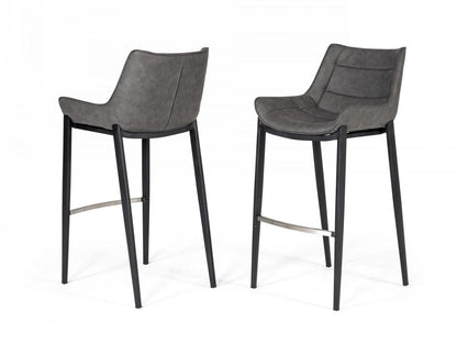 Set Of Two 42" Grey Faux Leather And Steel Bar Height Chairs With Footrest