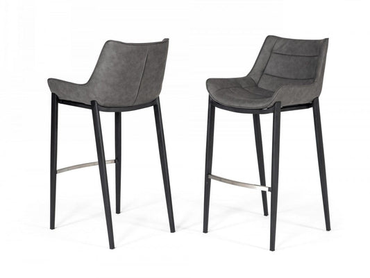 Set Of Two 42" Grey Faux Leather And Steel Bar Height Chairs With Footrest