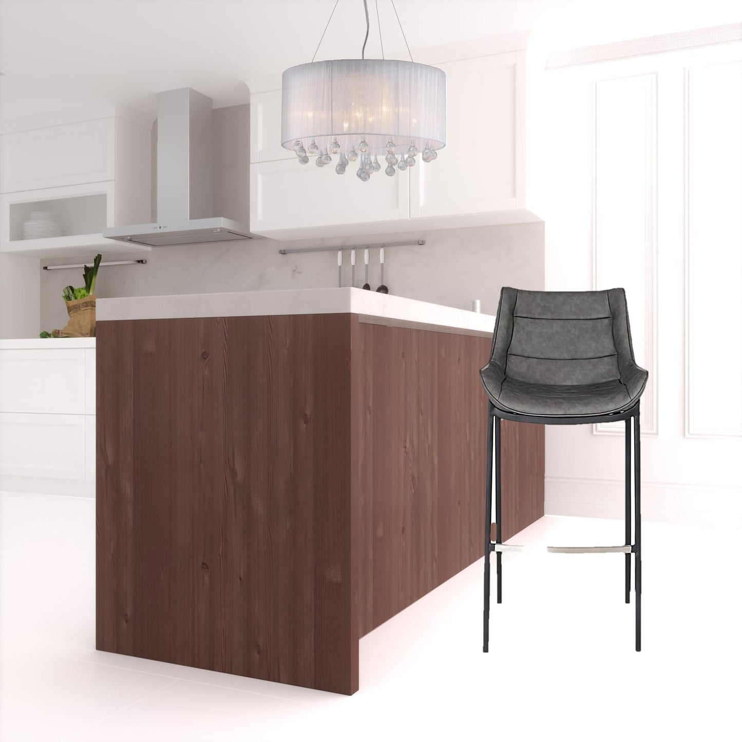 Set Of Two 42" Grey Faux Leather And Steel Bar Height Chairs With Footrest