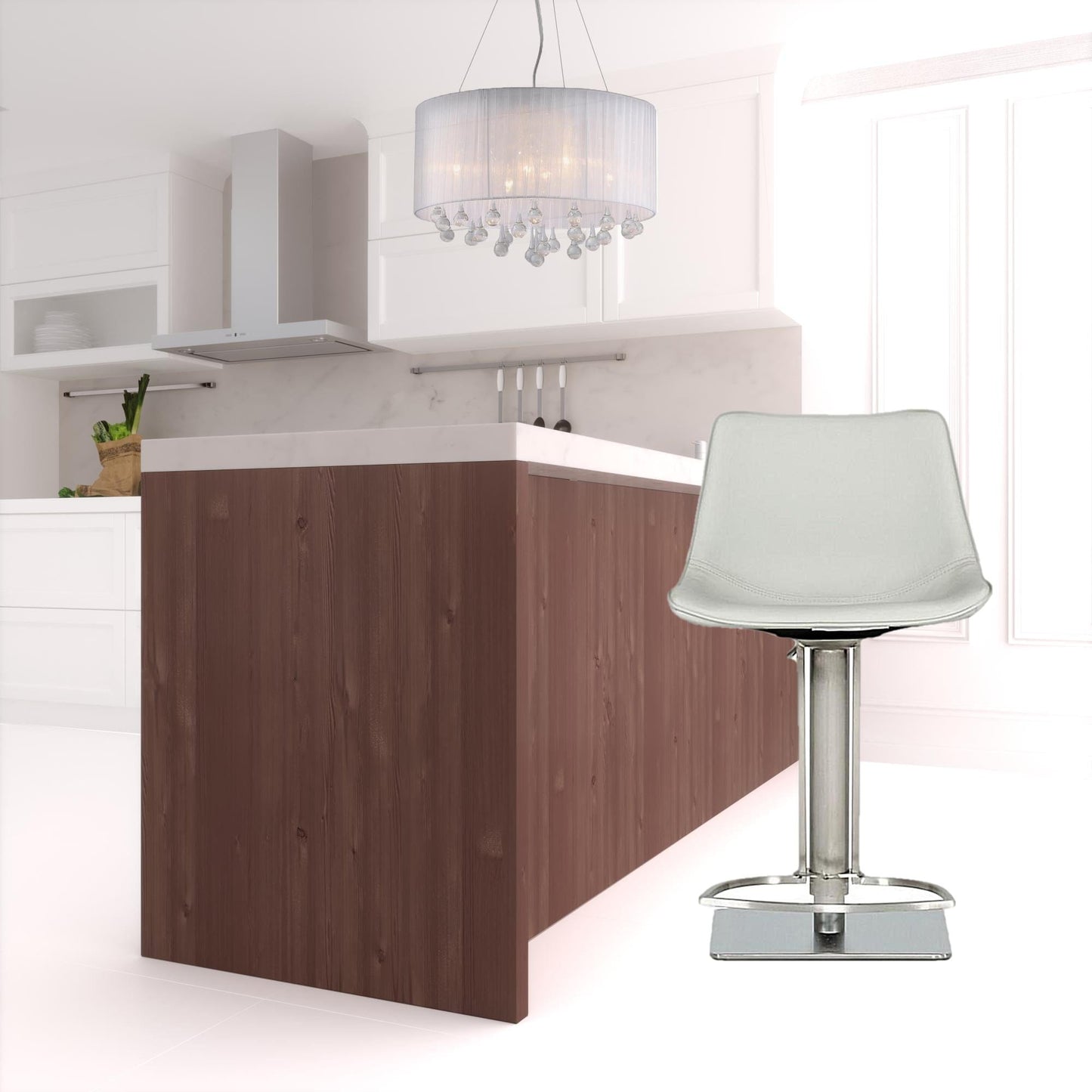 43" Light Grey Faux Leather And Stainless Steel Swivel Low Back Adjustable Height Bar Chair With Footrest