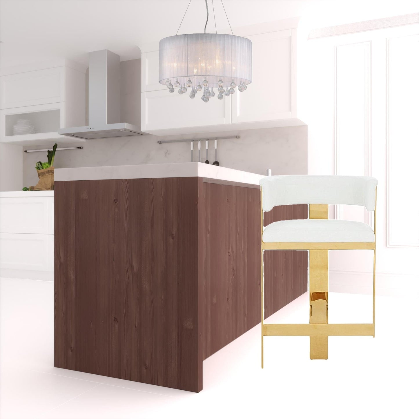 39" White Faux Leather And Stainless Steel Low Back Bar Height Chair With Footrest