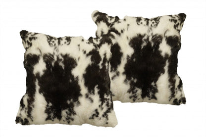 Set Of Two 18" X 18" Black And White Rabbit Natural Fur Animal Print Throw Pillows