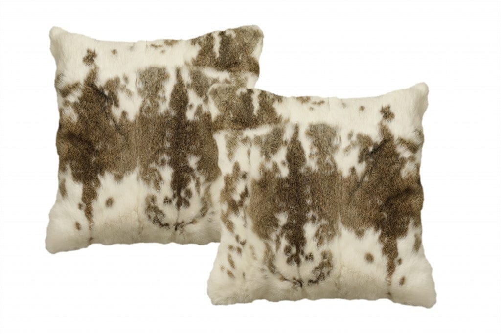 Set Of Two 18" X 18" Brown And White Rabbit Natural Fur Animal Print Throw Pillows