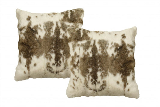 Set Of Two 18" X 18" Brown And White Rabbit Natural Fur Animal Print Throw Pillows