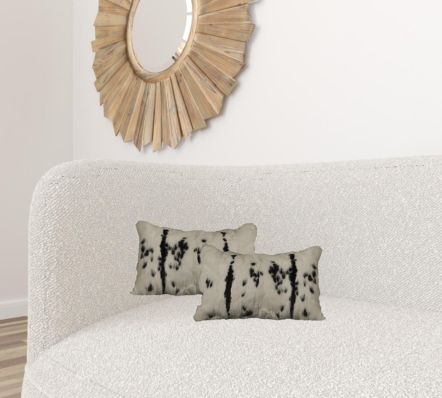 Set Of Two 12" X 20" Black And White Rabbit Zippered Natural Fur Animal Print Throw Pillows