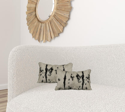 Set Of Two 12" X 20" Black And White Rabbit Zippered Natural Fur Animal Print Throw Pillows