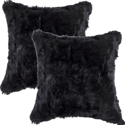 Set Of Two 18" X 18" Black Rabbit Natural Fur Animal Print Throw Pillows