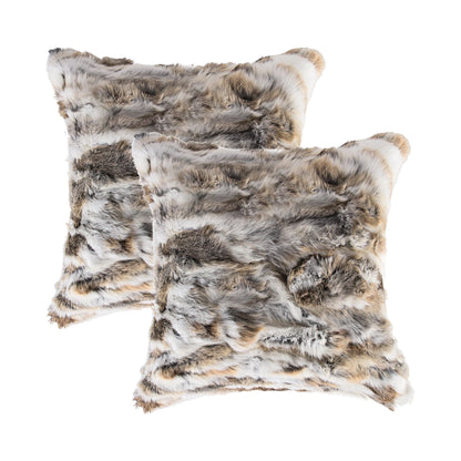 Set Of Two 18" X 18" Tan And White Rabbit  Natural Fur Animal Print Throw Pillows