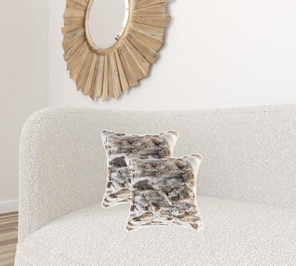 Set Of Two 18" X 18" Tan And White Rabbit  Natural Fur Animal Print Throw Pillows