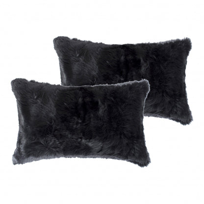 Set Of Two 12" X 20" Black Rabbit Natural Fur Throw Pillows
