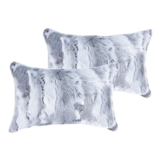 Set Of Two 12" X 20" Grey Rabbit  Natural Fur Throw Pillows