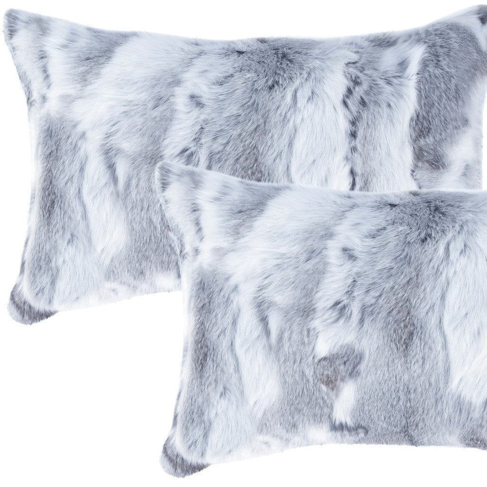 Set Of Two 12" X 20" Grey Rabbit  Natural Fur Throw Pillows