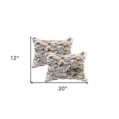 Set Of Two 12" X 20" Tan And White Rabbit Natural Fur Animal Print Throw Pillows