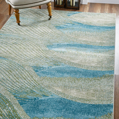 5’ x 8’ Blue Beige Abstract Waves Modern Area Rug