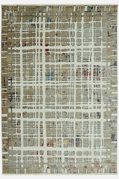 4’ x 6’ Ivory Khaki Distressed Plaid Area Rug