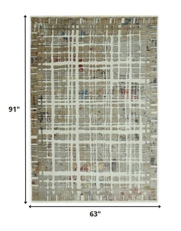 5’ x 8’ Ivory Khaki Distressed Plaid Area Rug