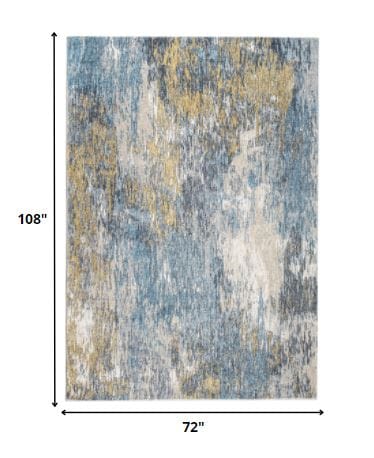 6’ x 9’ Blue Gold Abstract Painting Modern Area Rug