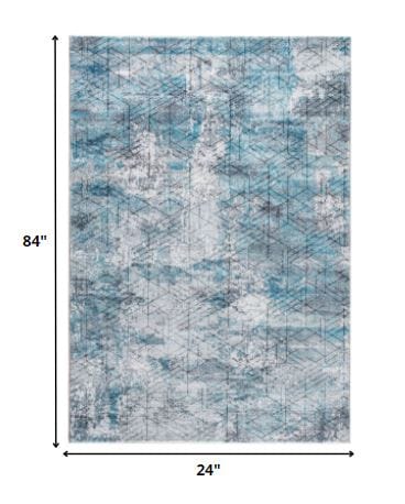 2’ x 7’ Blue Gray Abstract Cuboid Modern Runner Rug