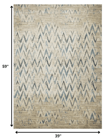 3’ x 5’ Beige Blue Distressed Chevron Area Rug