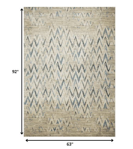 5’ x 8’ Beige Blue Distressed Chevron Area Rug
