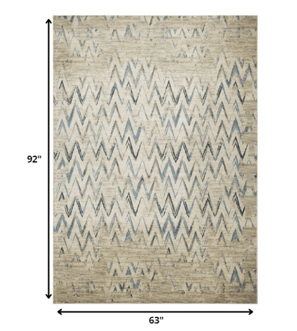 5’ x 8’ Beige Blue Distressed Chevron Area Rug