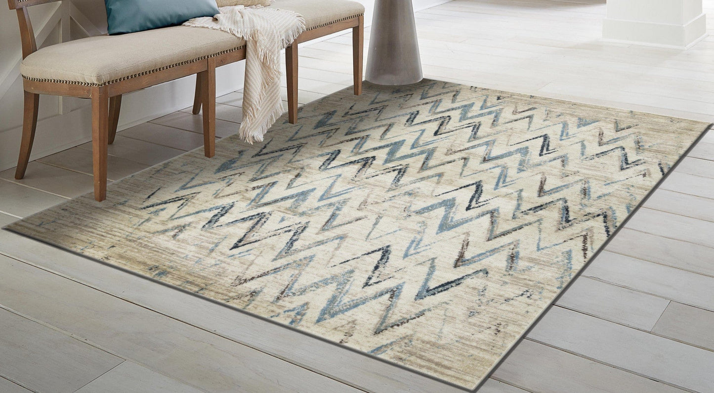 8’ x 11’ Beige Blue Distressed Chevron Area Rug