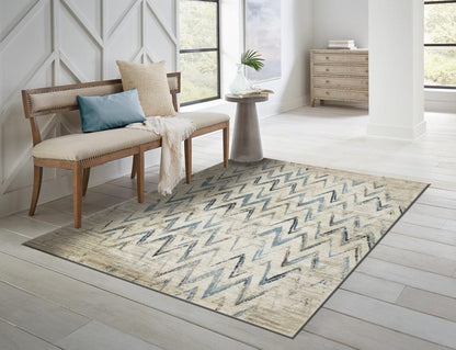 8’ x 11’ Beige Blue Distressed Chevron Area Rug