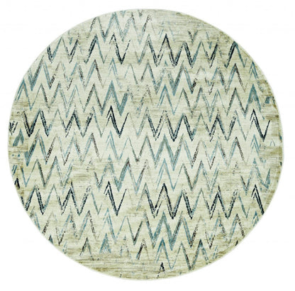 8’ Round Beige Blue Distressed Chevron Area Rug