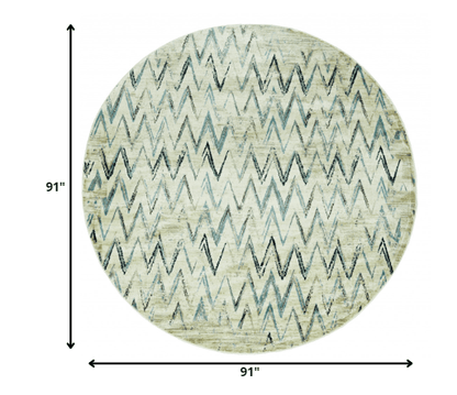 8’ Round Beige Blue Distressed Chevron Area Rug