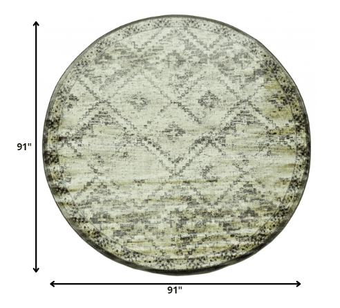 8’ Round Gray Beige Distressed Diamond Area Rug