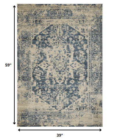 3’ x 5’ Beige Blue Distressed Medallion Area Rug