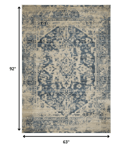 5’ x 8’ Beige Blue Distressed Medallion Area Rug