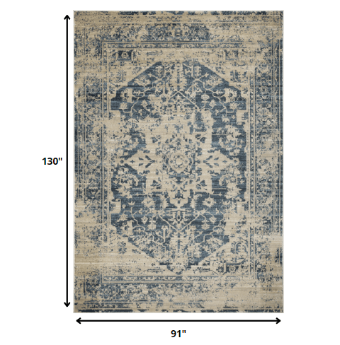 8’ x 11’ Beige Blue Distressed Medallion Area Rug