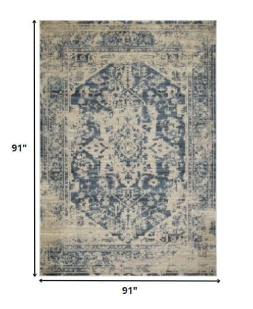 8’ Round Beige Blue Distressed Medallion Area Rug