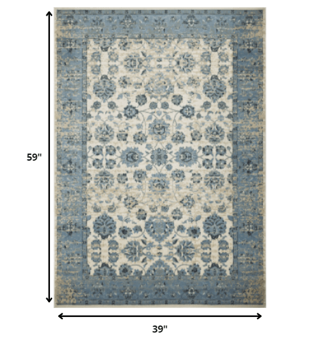 3’ x 5’ Blue Ivory Distressed Oriental Area Rug