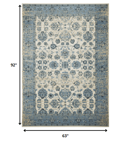 5’ x 8’ Blue Ivory Distressed Oriental Area Rug