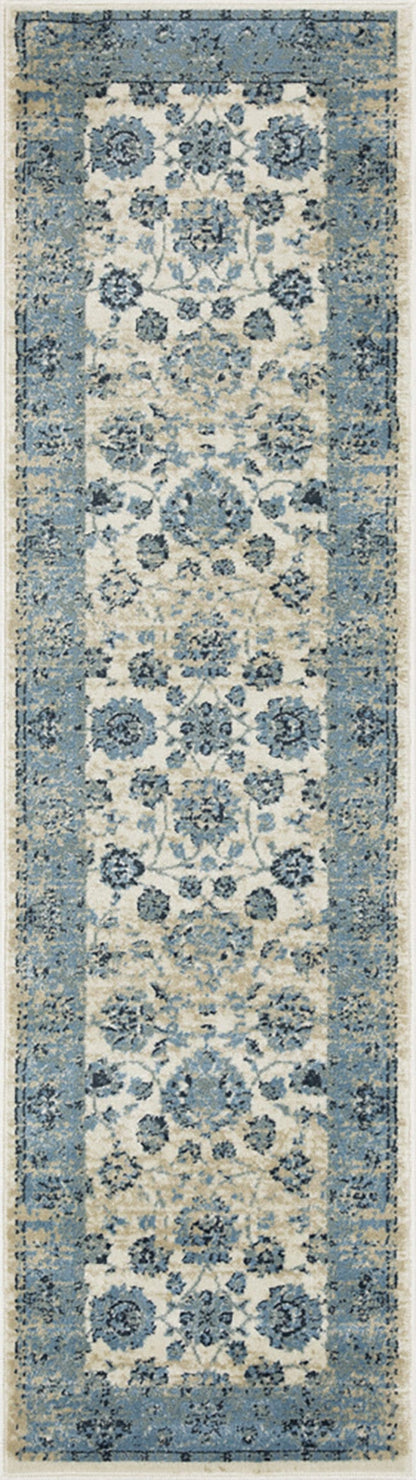 8’ x 11’ Blue Ivory Distressed Oriental Area Rug