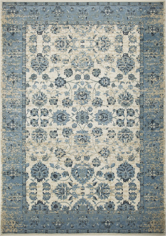 8’ Round Blue Ivory Distressed Oriental Area Rug