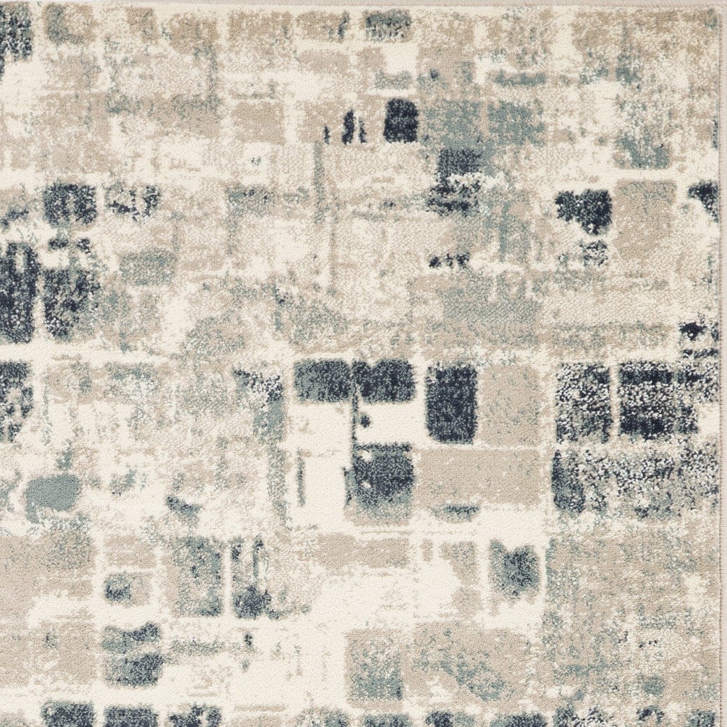 3’ x 5’ Beige Blue Abstract Tiles Distressed Area Rug