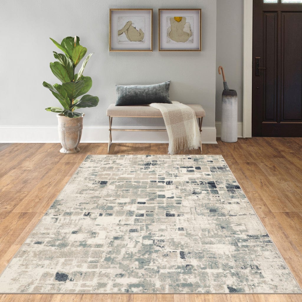 8’ x 11’ Beige Blue Abstract Tiles Distressed Area Rug