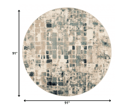 8’ Round Beige Blue Abstract Tiles Distressed Area Rug