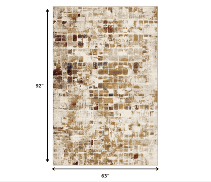 5’ x 8’ Brown Beige Abstract Tiles Distressed Area Rug