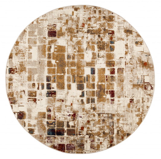 8’ Round Brown Beige Abstract Tiles Distressed Area Rug