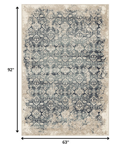 5’ x 8’ Beige Blue Distressed Diamonds Area Rug